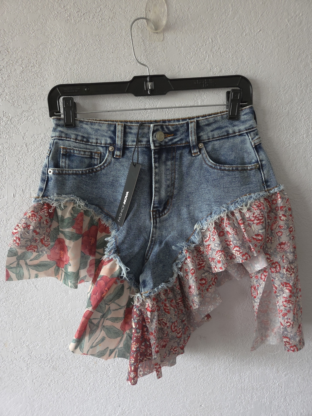 Fashion Nova Blue Denim Shorts with Pink Floral Ruffles